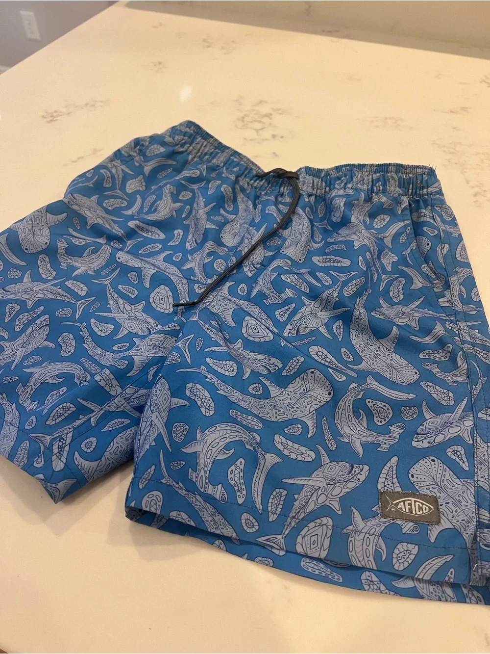AFTCO Blue Kids Swim Trunks with Fish Print